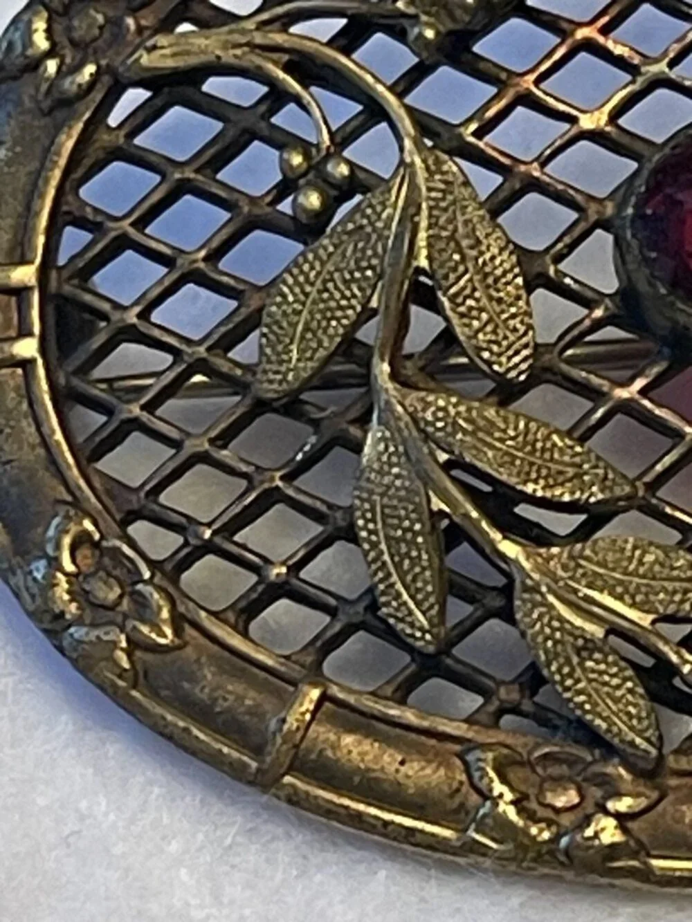 Antique Art Nouveau Brass Sash Brooch With Floral & Leaf Motif Ruby Red Glass St